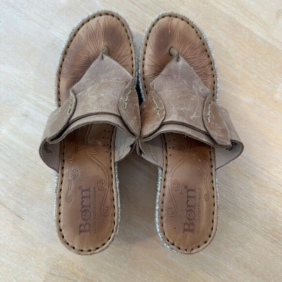 Born Wedge Sandals Womens 8 Brown Tan Leather Comfort Espadrille Woven Platform - Picture 6 of 11